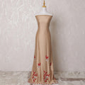 Pale brown blended cotton fabric with beige, crimson red embroidery having stone work in floral design-D14728