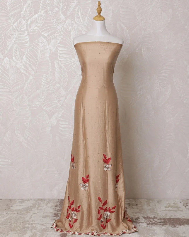 Pale brown blended cotton fabric with beige, crimson red embroidery having stone work in floral design-D14728 Regal Fabrics