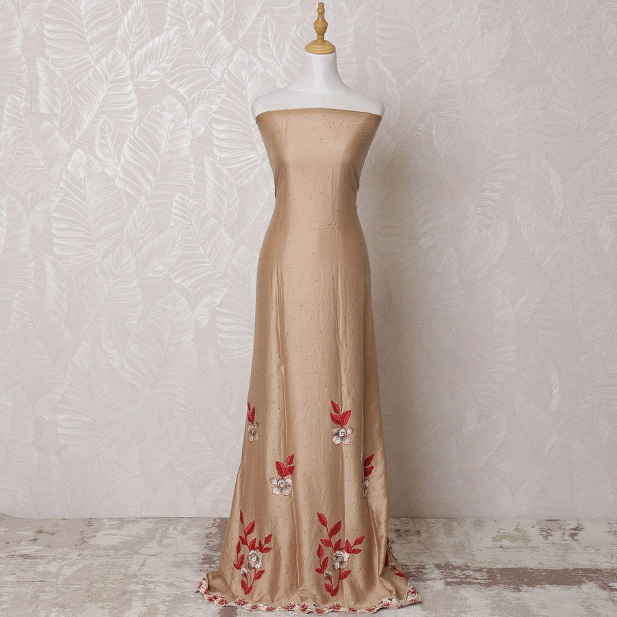 Pale brown blended cotton fabric with beige, crimson red embroidery having stone work in floral design-D14728