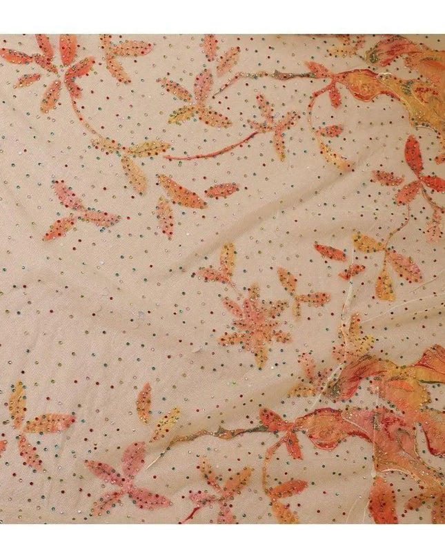 Sun flower yellow nylon tulle fabric with peach patch work having multicolor bead and stone work in leaf design-D9251 Regal Fabrics
