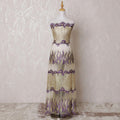 Gold nylon tulle fabric with same tone, purple embroidery having stone work in fancy design-D14753
