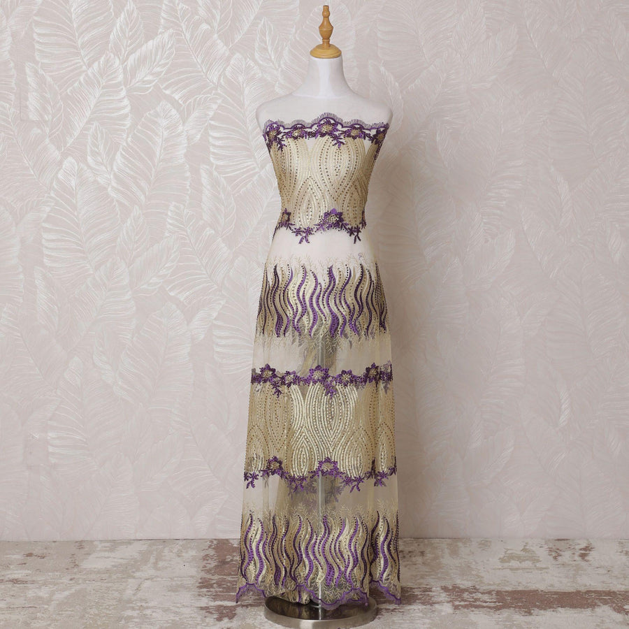 Gold nylon tulle fabric with same tone, purple embroidery having stone work in fancy design-D14753