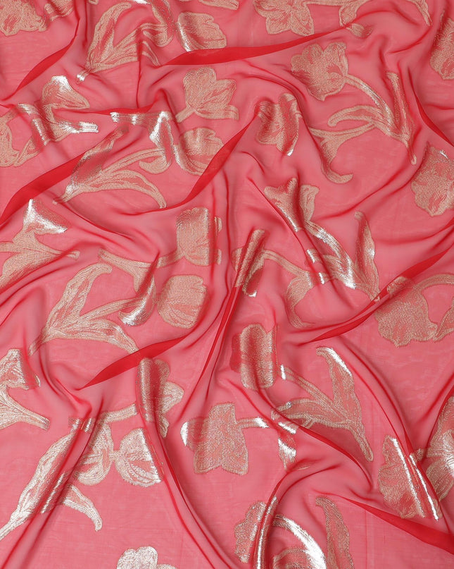قماش شيفون من الحرير الخالص باللون الأحمر القرمزي مع لوركس معدني ذهبي بتصميم الأزهار-D10157