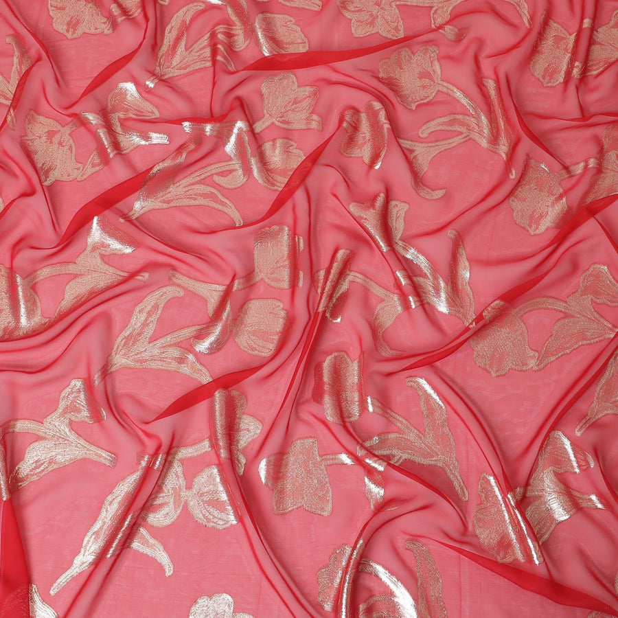 Scarlet red premium pure silk chiffon fabric with gold metallic lurex in floral design-D10157