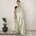 Off white Premium pure silk satin saree with lemon yellow, black, grey tie & die print having stone work in fancy design-12566 Regal Fabrics