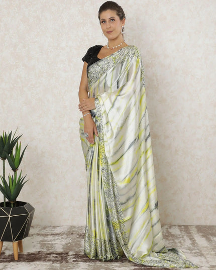 Off white Premium pure silk satin saree with lemon yellow, black, grey tie & die print having stone work in fancy design-12566 Regal Fabrics