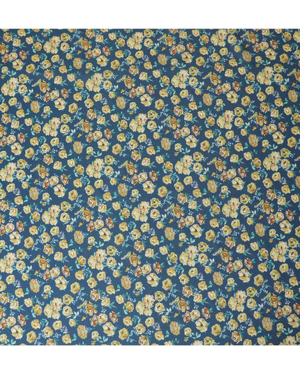 Turkish blue Premium Spanish 100% Cotton with sea green, off white and mustrad yellow print in floral design-D9236 Regal Fabrics