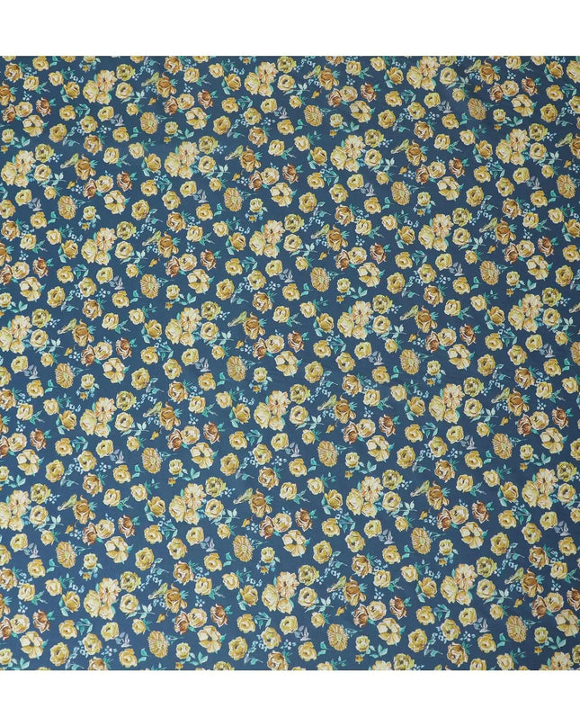 Turkish blue Premium Spanish 100% Cotton with sea green, off white and mustrad yellow print in floral design-D9236 Regal Fabrics