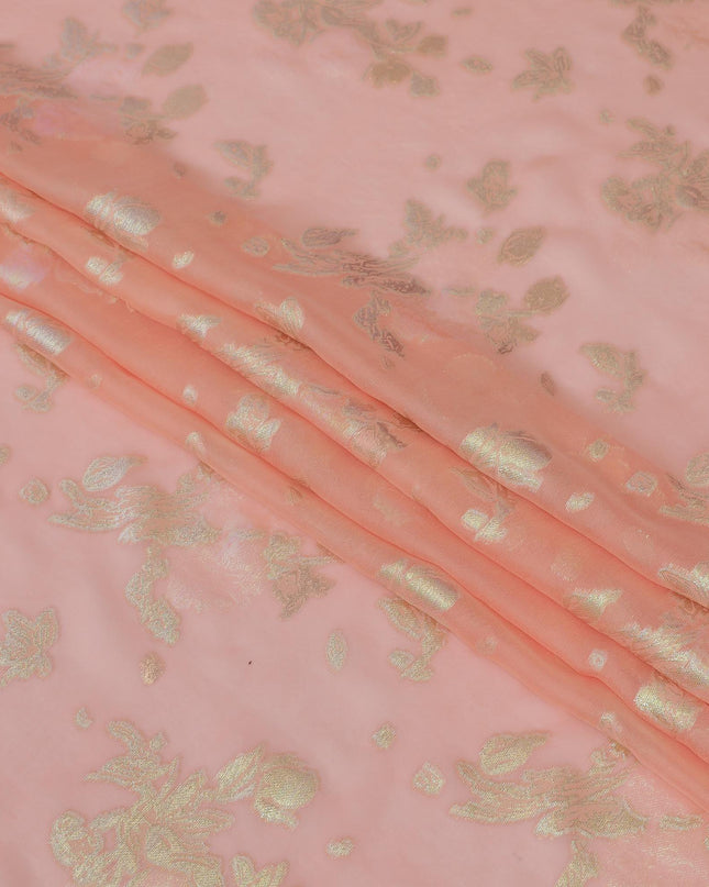 قماش شيفون من الحرير الخالص الخوخي الفاخر مع لوريكس معدني ذهبي وأخضر نيون بتصميم زهور-D13266