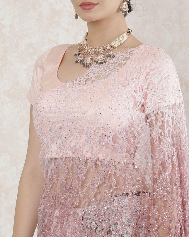 Light pink to mocha brown Premium Pure French chantilly lace saree having stone work in Ombre design-D14488