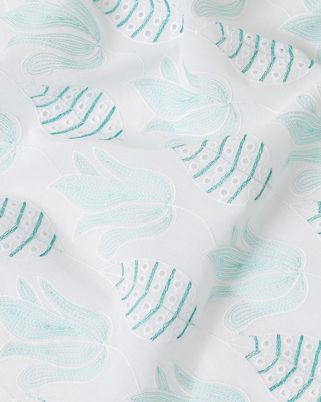 White cotton voile fabric with same tone and turquoise green embroidery in Leaf design-D9772