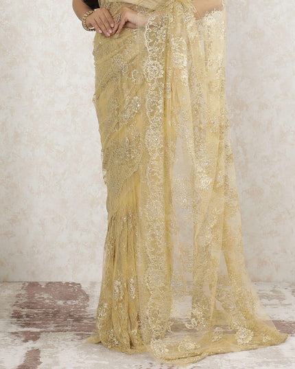 Gold Premium pure metallic French chantilly saree lace having stone work in floral design-D13515 Regal Fabrics
