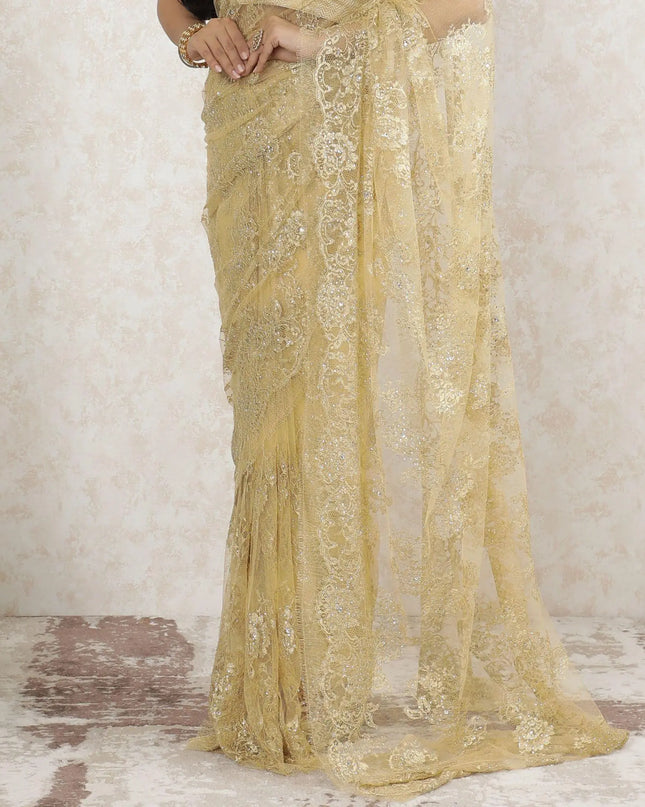Gold Premium pure metallic French chantilly saree lace having stone work in floral design-D13515 Regal Fabrics