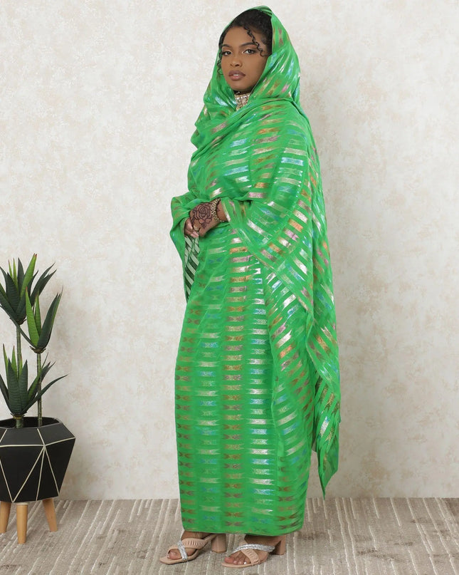 Parrot green premium pure silk chiffon thobe with multicolor metallic lurex in stripe design-D11639 Regal Fabrics