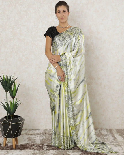 Off white Premium pure silk satin saree with lemon yellow, black, grey tie & die print having stone work in fancy design-12566 Regal Fabrics
