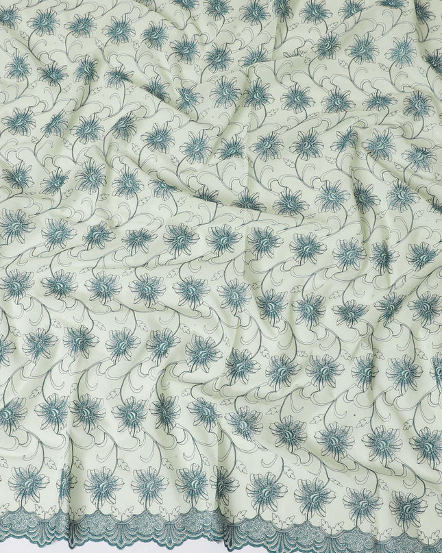 Light mint green Premium pure 100% Swiss cotton voile (Sudanese Thobe) fabric with teal blue embroidery having stone work in fancy design-D13798