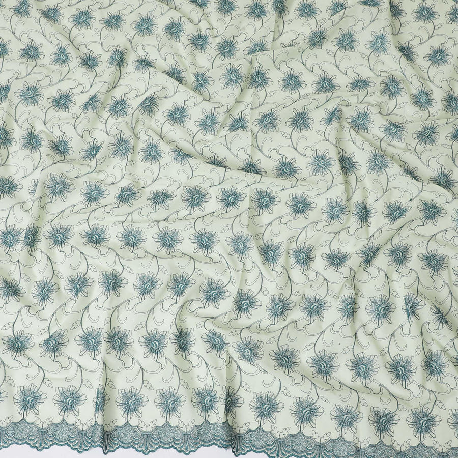 Light mint green Premium pure 100% Swiss cotton voile (Sudanese Thobe) fabric with teal blue embroidery having stone work in fancy design-D13798