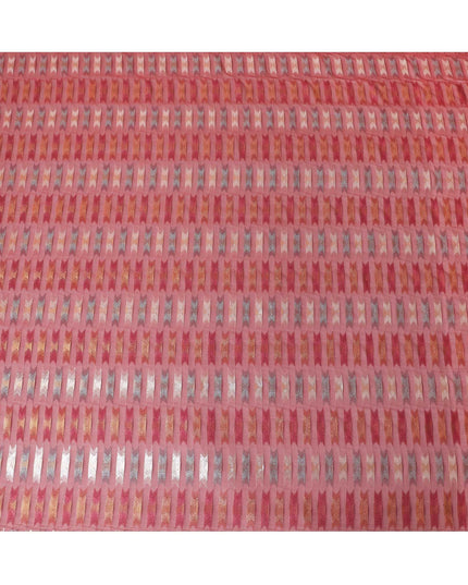 Barn red premium pure silk chiffon fabric with multicolor metallic lurex in abstract design-D10037