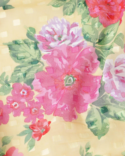 Blonde yellow Swiss cotton voile fabric with olive green, hot pink and ruby red floral print having clip cord design-D6777