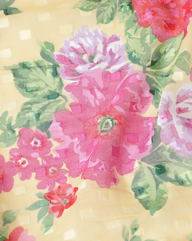 Blonde yellow Swiss cotton voile fabric with olive green, hot pink and ruby red floral print having clip cord design-D6777