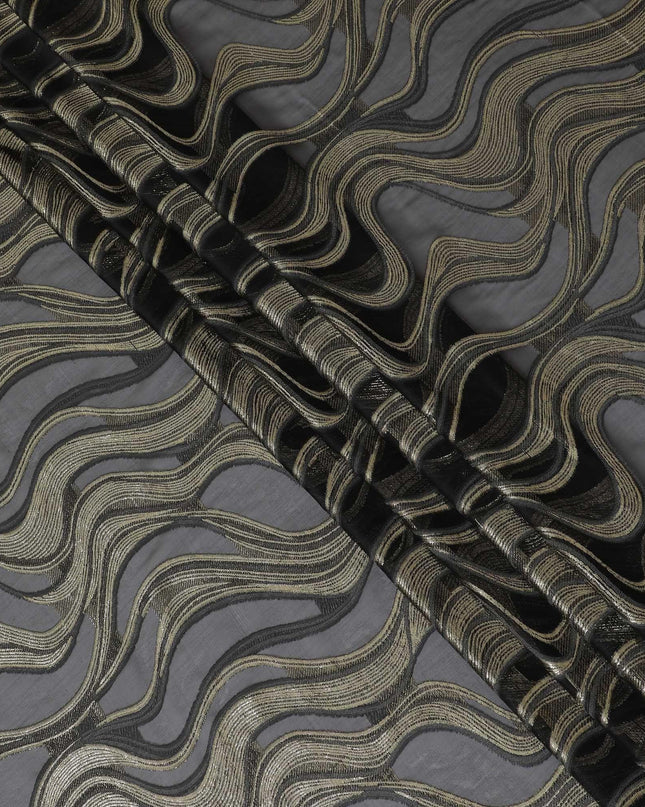 Black Premium pure French (Fransawi) silk chiffon fabric with grey viscose and gold metallic lurex in abstract design-D14272