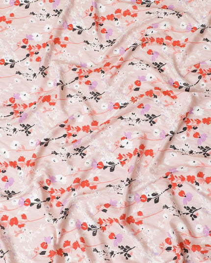 Baby pink viscose crepe printed fabric with multi colour prints and metallic lurex in floral design-D11166