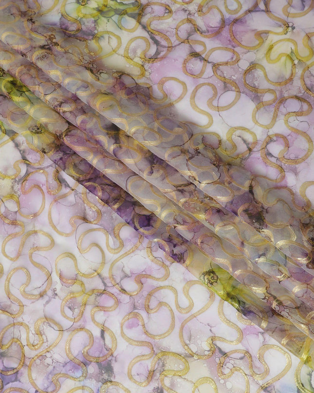 قماش شيفون من الحرير الخالص متعدد الألوان مع لوريكس معدني ذهبي بتصميم تجريدي-D13712