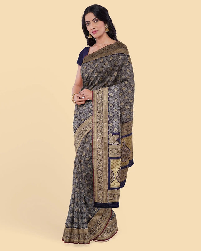 Navy blue imitation silk saree with gold jacquard in floral design-D12781 Regal Fabrics