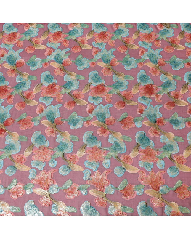 قماش شيفون حرير خالص فاخر باللون العنابي مع طباعة يدوية متعددة الألوان ولوريكس معدني بتصميم زهور-D10426