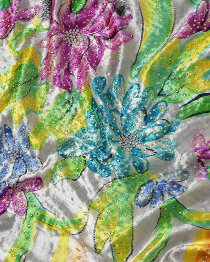 Cloudy Grey Rayon velvet fabric with multicolor stroke print having white and yellow stones in floral design