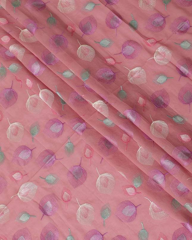 Light cerise pink premium pure cotton voile fabric with lavender pink, beige and turquoise green embrodiery in floral design-D13691