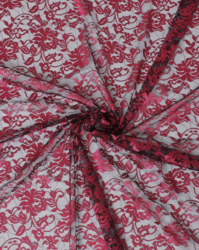 Black lace fabric with brick pink embroidery in floral design-D12083