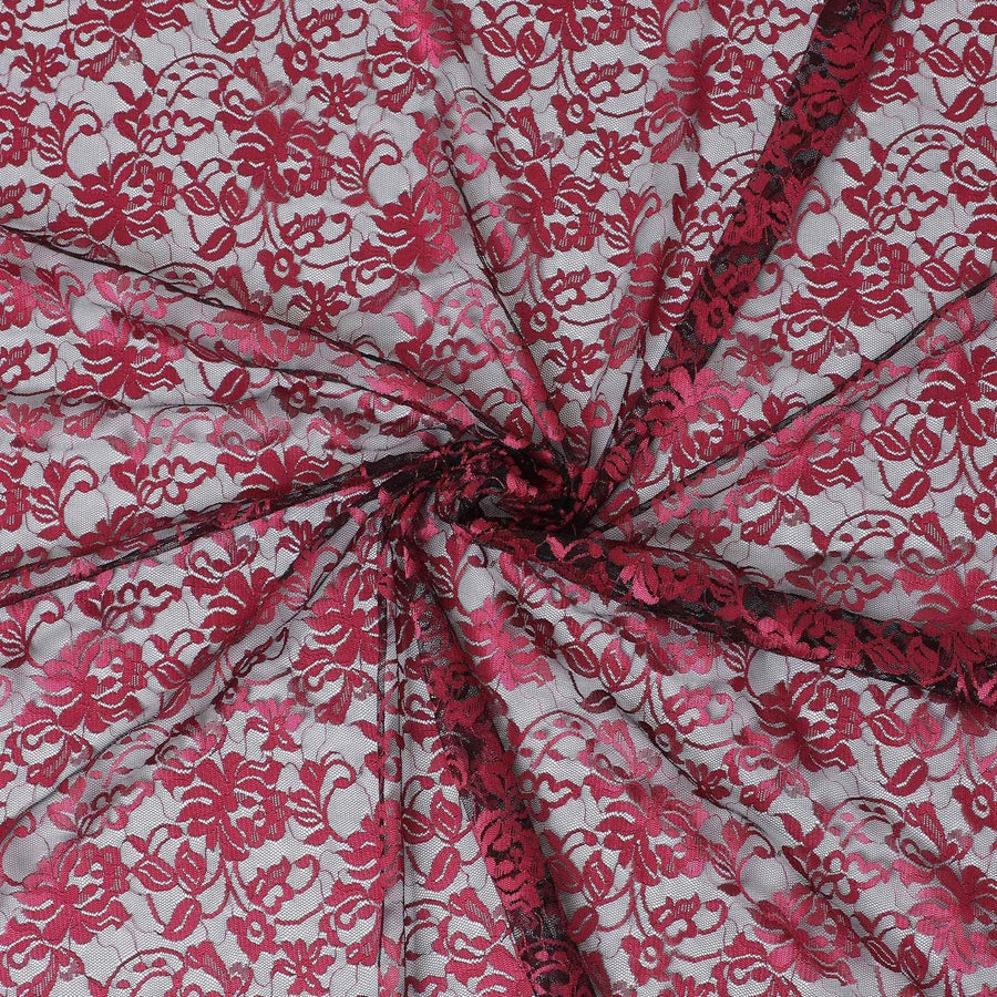 Black lace fabric with brick pink embroidery in floral design-D12083