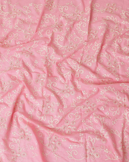 قماش الفوال القطني الخالص الفاخر باللون الوردي السلمون بنفس اللون والتطريز البيج بتصميم الأزهار-D13598