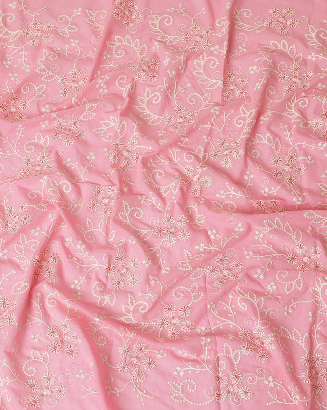 قماش الفوال القطني الخالص الفاخر باللون الوردي السلمون بنفس اللون والتطريز البيج بتصميم الأزهار-D13598