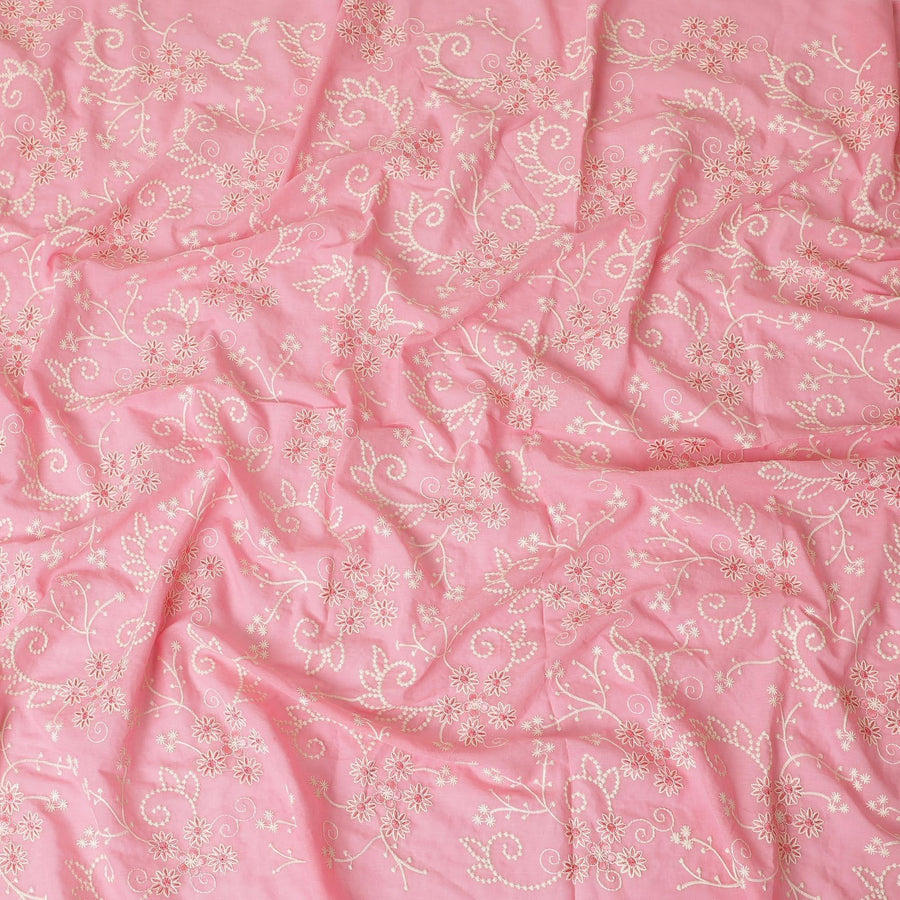 قماش الفوال القطني الخالص الفاخر باللون الوردي السلمون بنفس اللون والتطريز البيج بتصميم الأزهار-D13598