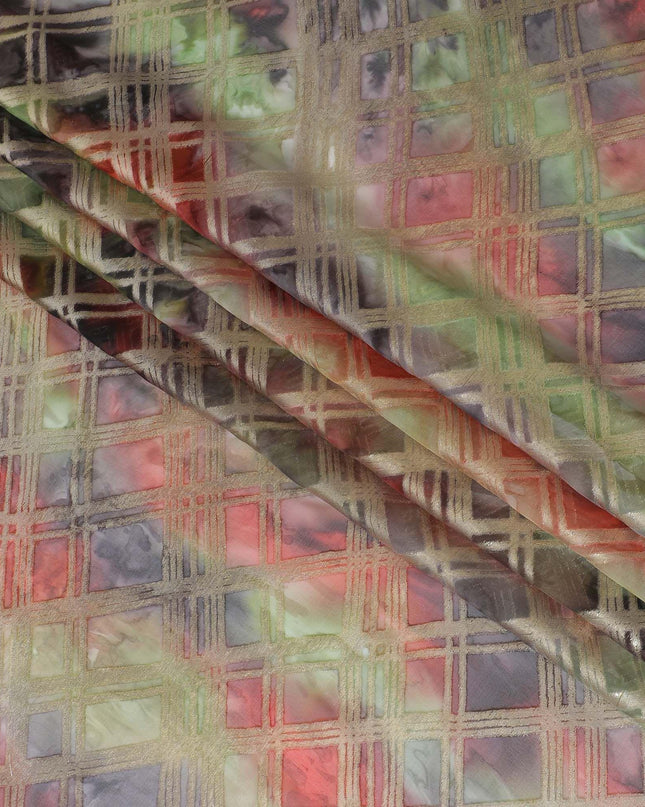 قماش شيفون من الحرير الخالص متعدد الألوان مع لوريكس معدني ذهبي بتصميم مربعات -D11410