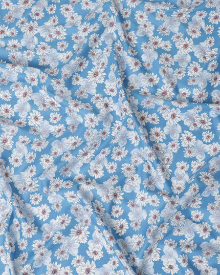 Blue cotton lawn fabric with off white, silver grey and powder blue print in floral design-D10849