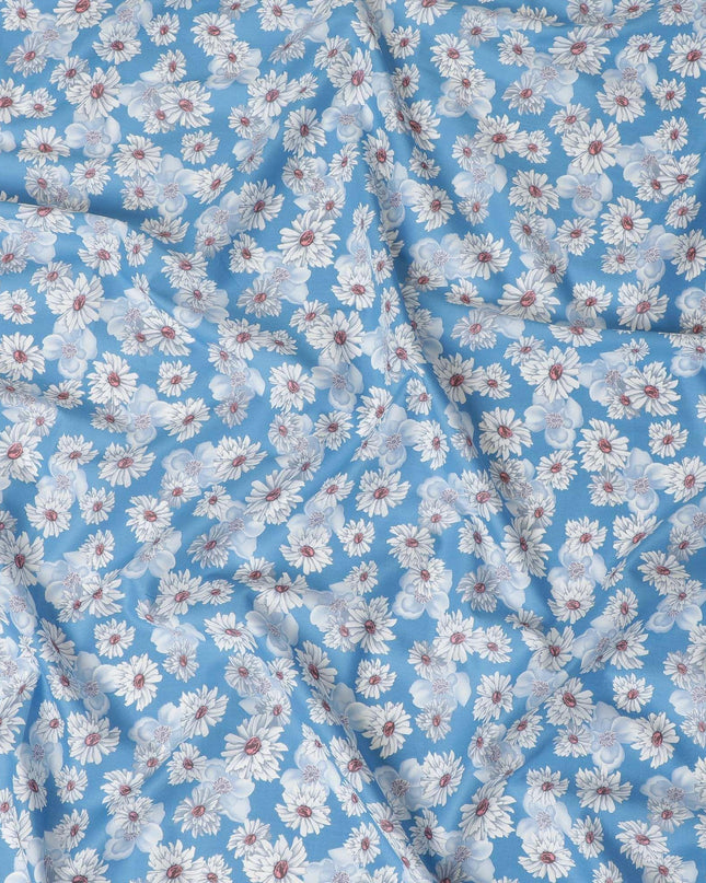 Blue cotton lawn fabric with off white, silver grey and powder blue print in floral design-D10849