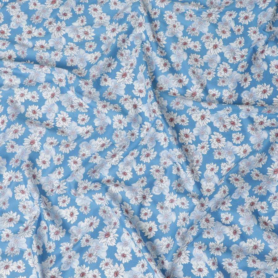 Blue cotton lawn fabric with off white, silver grey and powder blue print in floral design-D10849