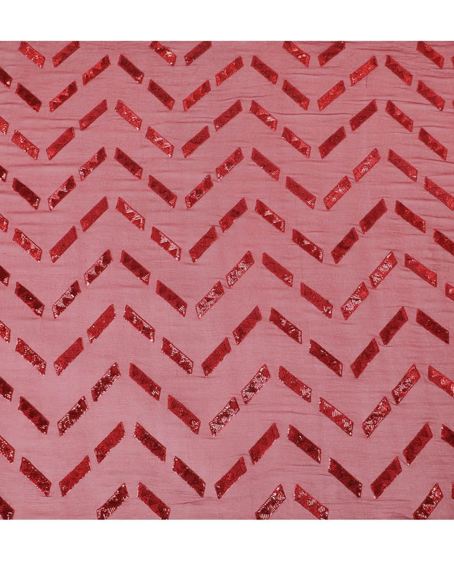 Crimson red premium pure silk chiffon fabric with same tone sequins embroidery in geometric design-D13624 Regal Fabrics