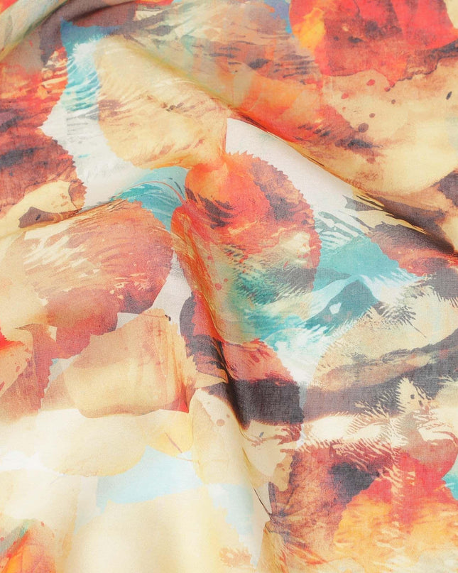 Blonde yellow cotton voile fabric with orange, brown and turquoise blue print in fancy design-D6758