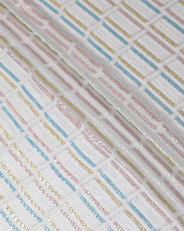 قماش شيفون من الحرير الخالص باللون الأبيض الفاتح مع لوركس معدني متعدد الألوان بتصميم تجريدي -D13845