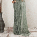 Sage green premium pure French chantilly lace saree having stone work in floral deisgn-D13498