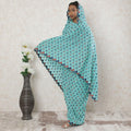 Electric blue Premium pure Swiss cotton voile thobe with jade green, brick red, navy blue embroidery having stone work in geometric design-D14338 Regal Fabrics