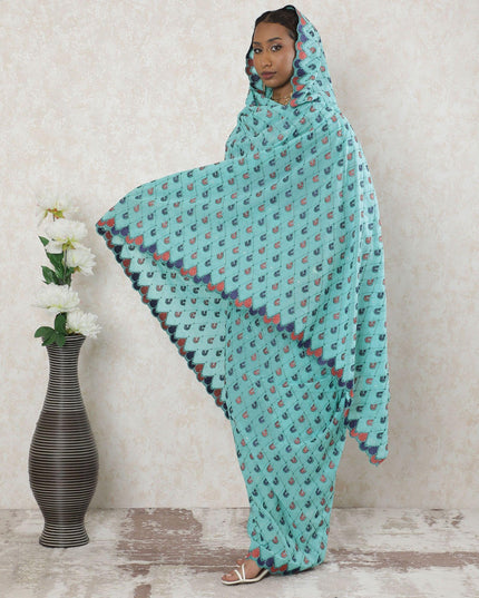 Electric blue Premium pure Swiss cotton voile thobe with jade green, brick red, navy blue embroidery having stone work in geometric design-D14338 Regal Fabrics