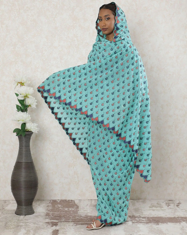 Electric blue Premium pure Swiss cotton voile thobe with jade green, brick red, navy blue embroidery having stone work in geometric design-D14338 Regal Fabrics