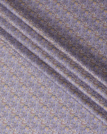 Royal blue cotton satin fabric with mustard yellow, scarlet red and lavender print in Paisley design-D11925 Regal Fabrics