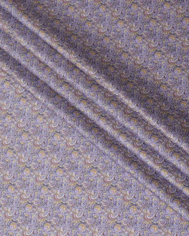 Royal blue cotton satin fabric with mustard yellow, scarlet red and lavender print in Paisley design-D11925 Regal Fabrics