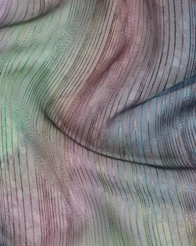 قماش شيفون من الحرير الخالص متعدد الألوان مع لوريكس معدني ذهبي بتصميم مخطط -D12617